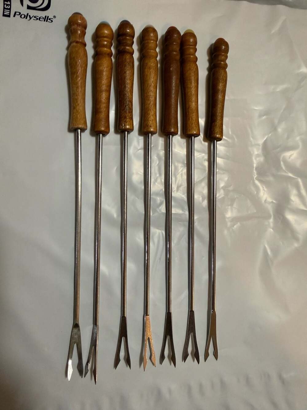 Set of 7 Vintage Color-Coded Fondue Forks with Wood Handles and Stainless Steel